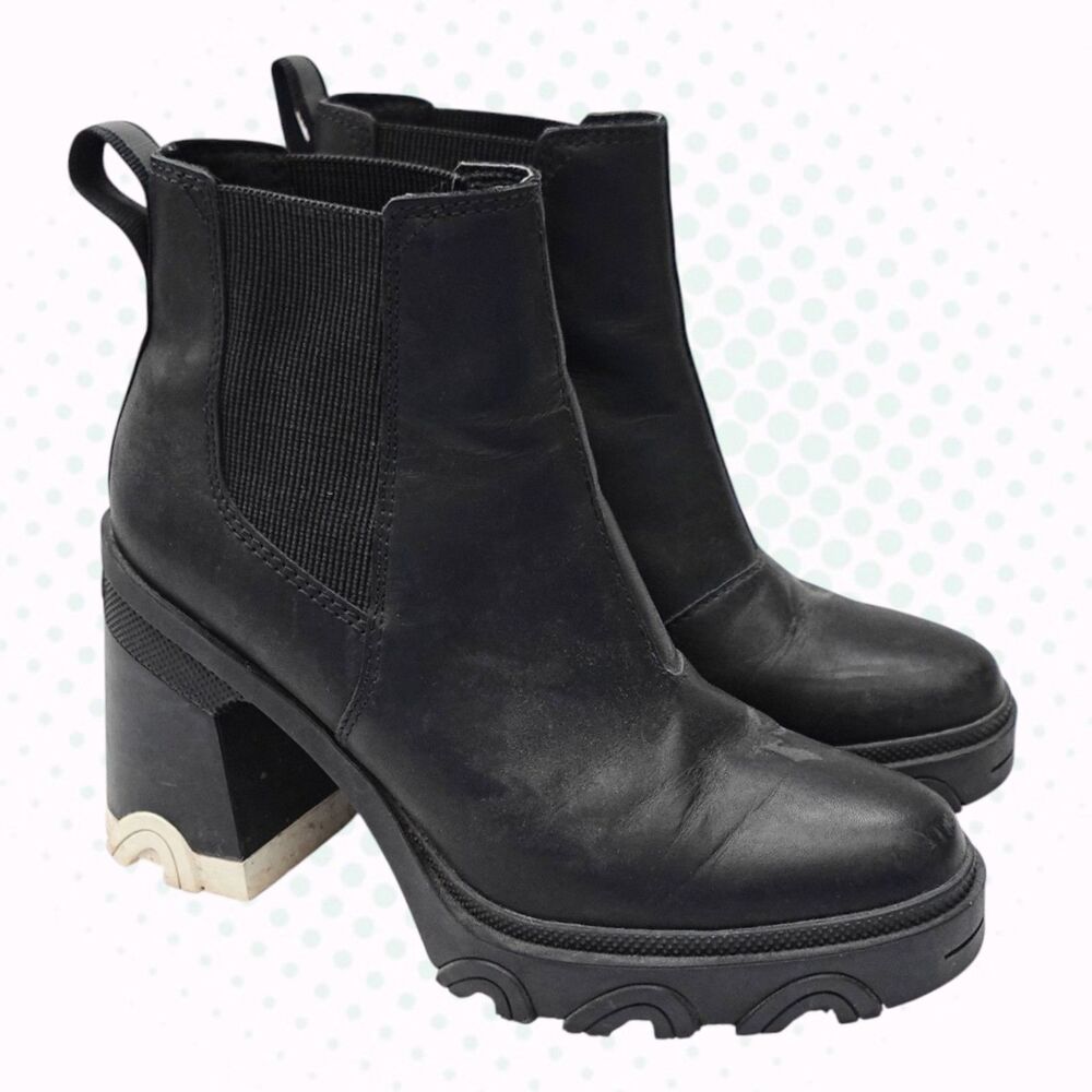 Sorel Brex Black &White Leather Chunky High Heel Chelsea Boots Size US Women's 6